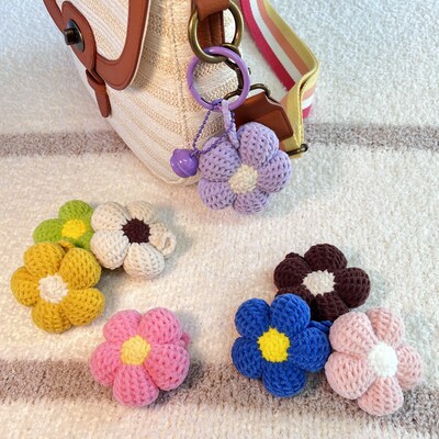 Crochet flower car accessories with bell, amigurumi flower car hanging, Knitted Flower for Interior car accessories, car decor or bag charm - image2